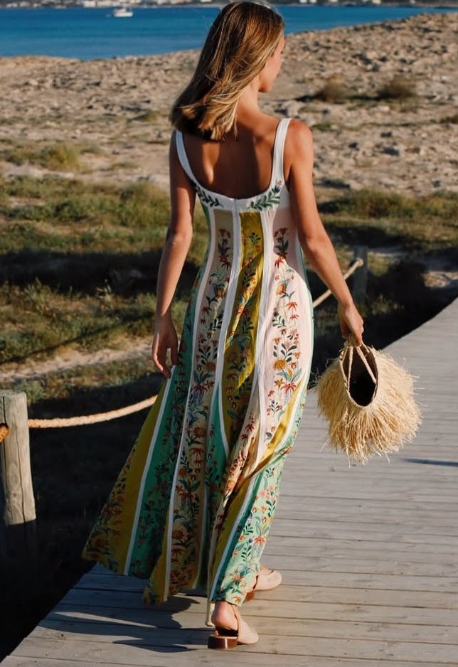 Floral Linen Maxi Dress - Suspender Strap V-Neck Vacation Dress