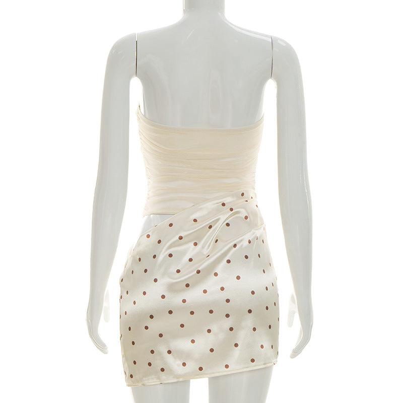 Apricot Polka Dot Strapless Bodycon Mini Dress - Cutout Ruched Mesh Patchwork Party Dress