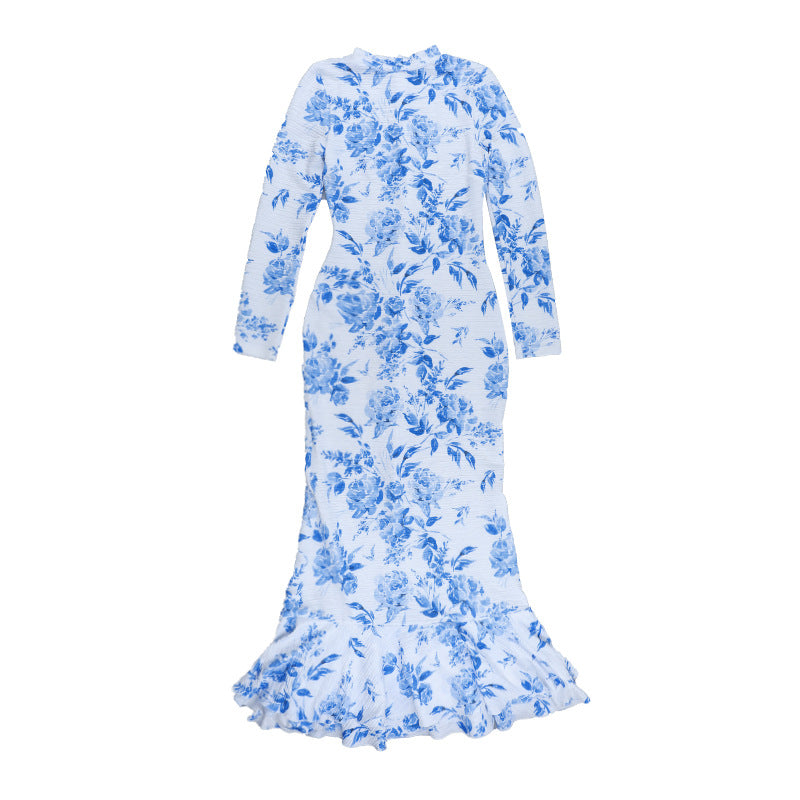 Blue & White Printed Fishtail Dress: Half Turtleneck Long Sleeve Maxi