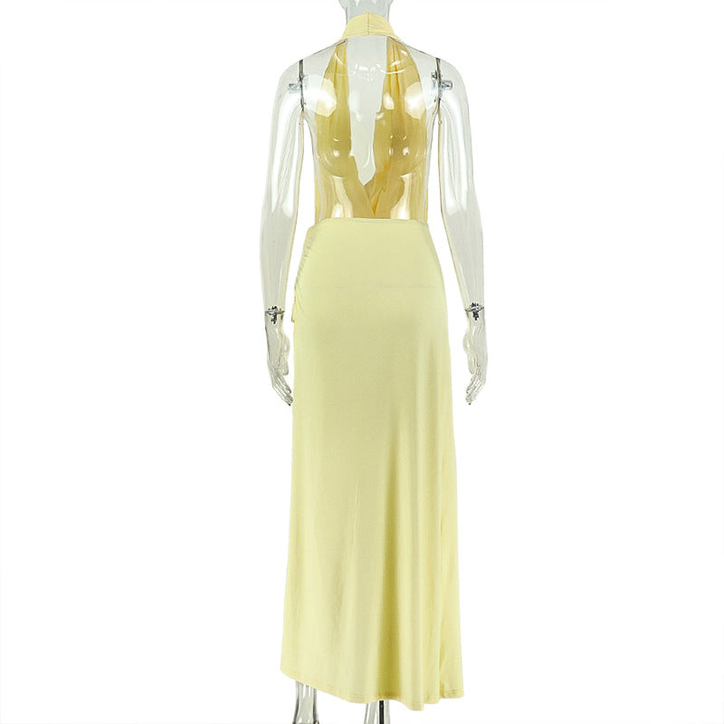Yellow Halter Backless Maxi Dress - Asymmetric Tie Split Bodycon Party Dress