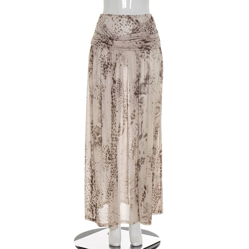 Light Gray Snake Print Jumpsuit & Maxi Slit Skirt Set - Mesh Ruched Twisted 2-Piece Set