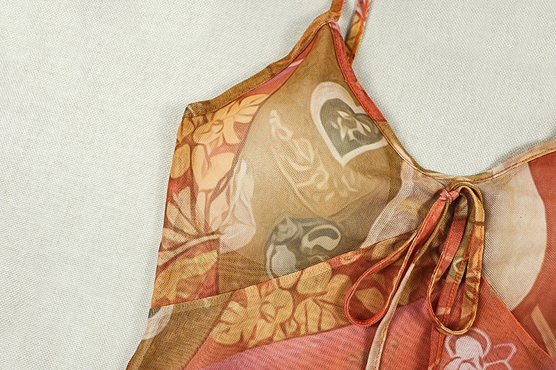 Printed Spaghetti Strap Backless Maxi Dress | Boho Tie Vacation Dress | Orange