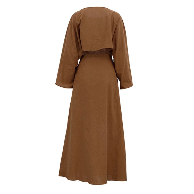 Brown Cotton Crop Top & High-Waist Maxi Skirt Set - Long Sleeve Elegant 2-Piece Set