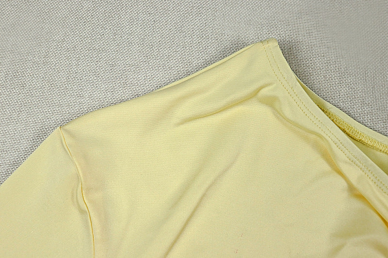 One Shoulder Asymmetric Crop Top & Midi Skirt Set | Ruched Long Sleeve Two-Piece Set | Yellow | Sizes S-L