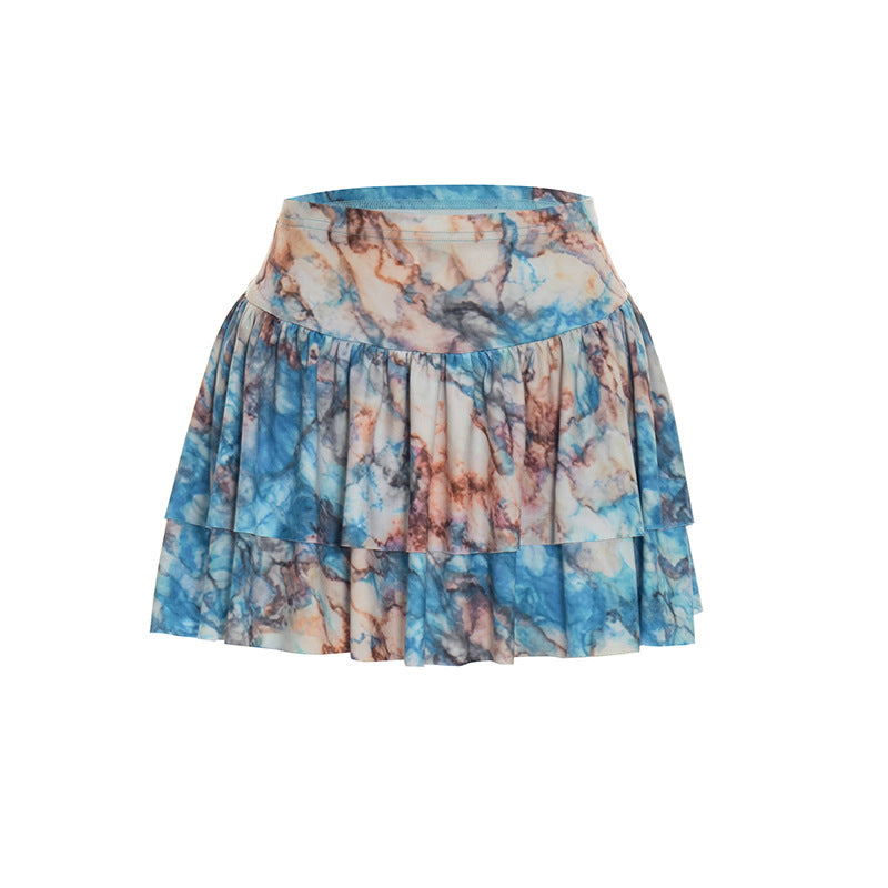 Floral Print Halter Neck Cutout Backless Crop Top & Ruffle Midi Skirt Set | Sleeveless Boho Two-Piece Set | Blue | Sizes S-L