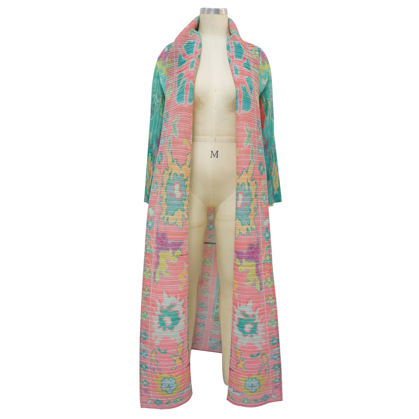 Elegant Printed Pleated Maxi Coat: Women's Long Statement Outerwear