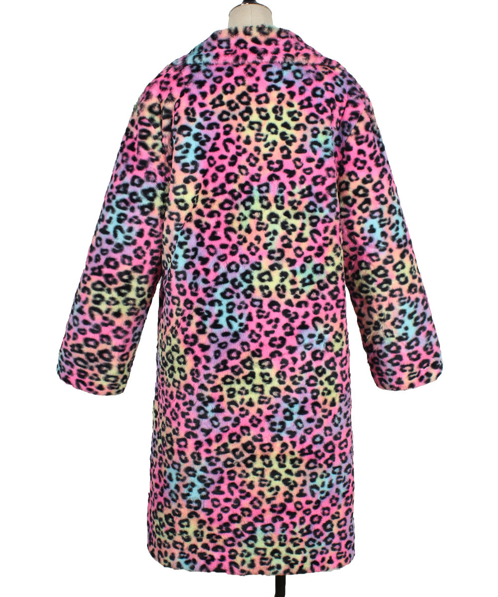 Casual Leopard Print Faux Fur Trench Coat: Square Collar Plush Longline Jacket