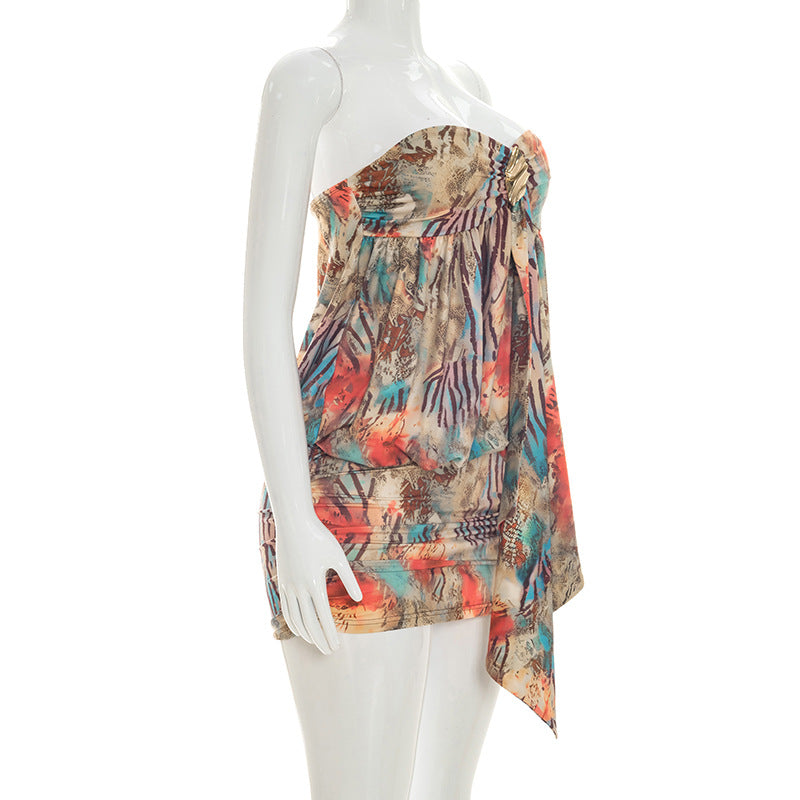 Sweetheart Ruched Bodycon Mini Dress - Sleeveless Abstract Print Vacation Dress