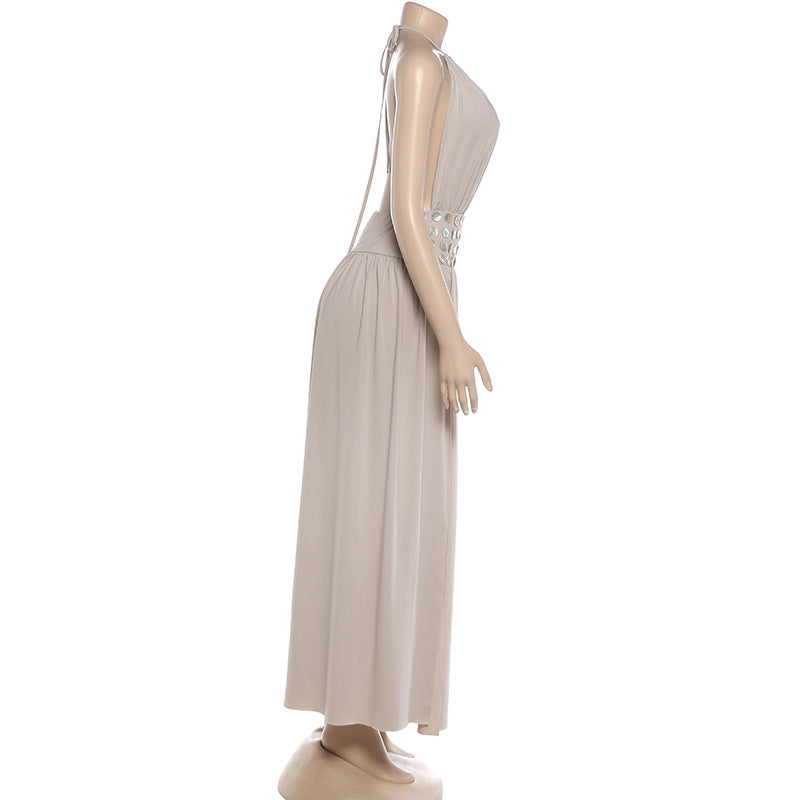 Deep V Halter Maxi Dress - Sequin Backless Cutout Ruched Split Vacation Dress