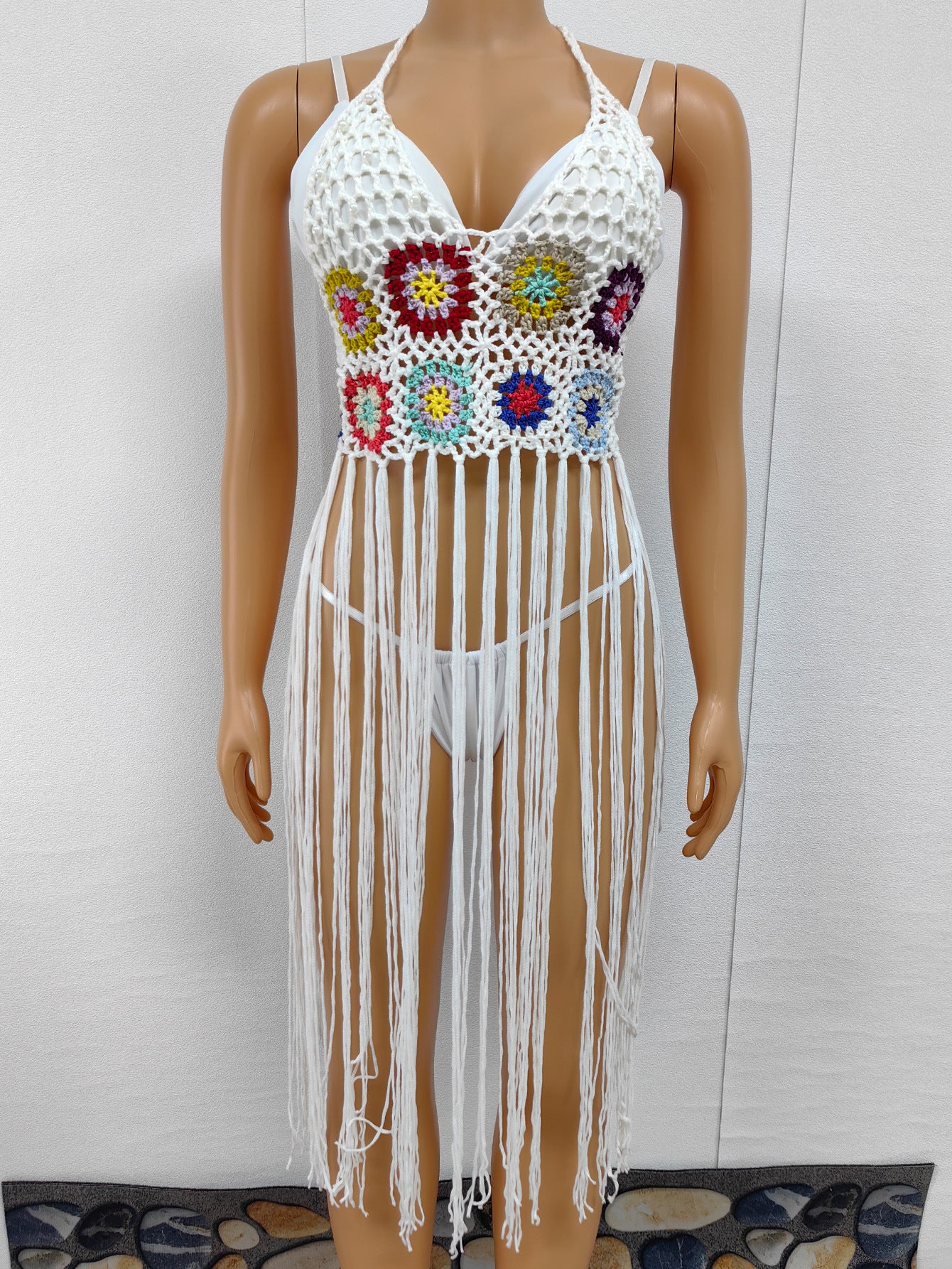 Handcrafted Crochet Beach Cover-Up - Fringe Tassel Tie Boho Vacation Swimwear Cover Up