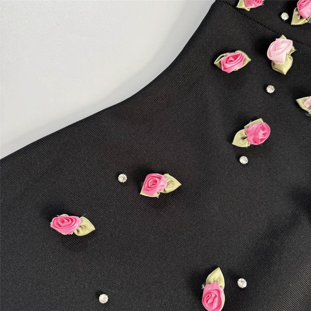 Black Rhinestone Bandage Mini Dress: Floral Embellished Bodycon Sling