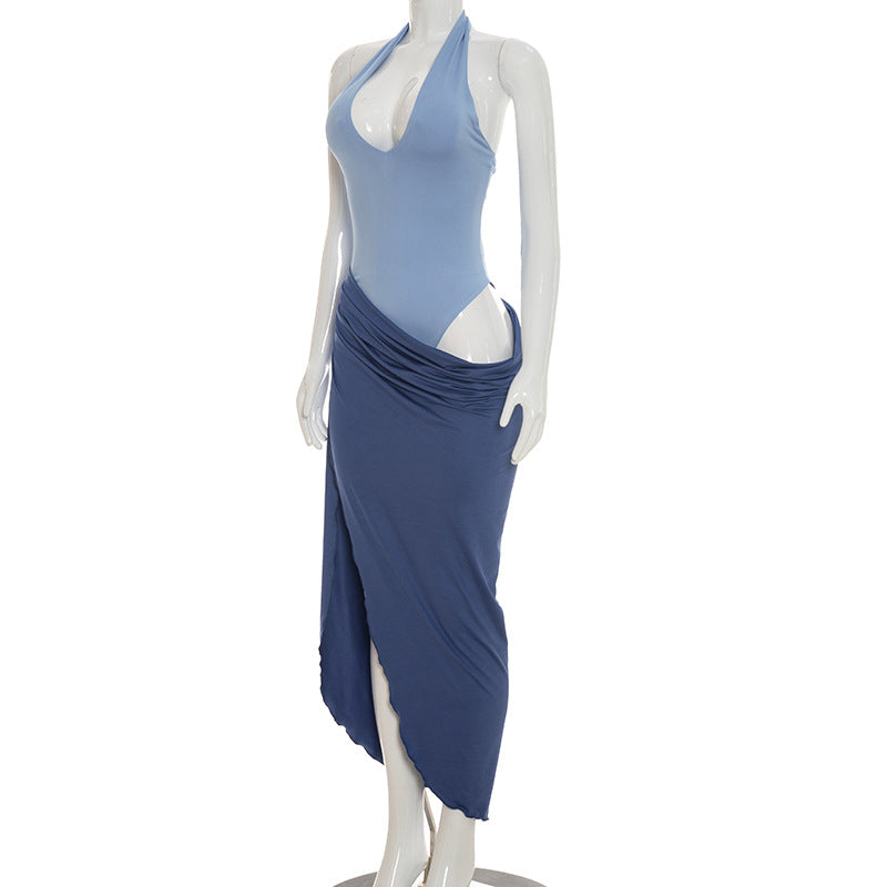 Color Block Halter Slit Maxi Dress | Backless Cutout Ruched Vacation Dress | Purple & Blue
