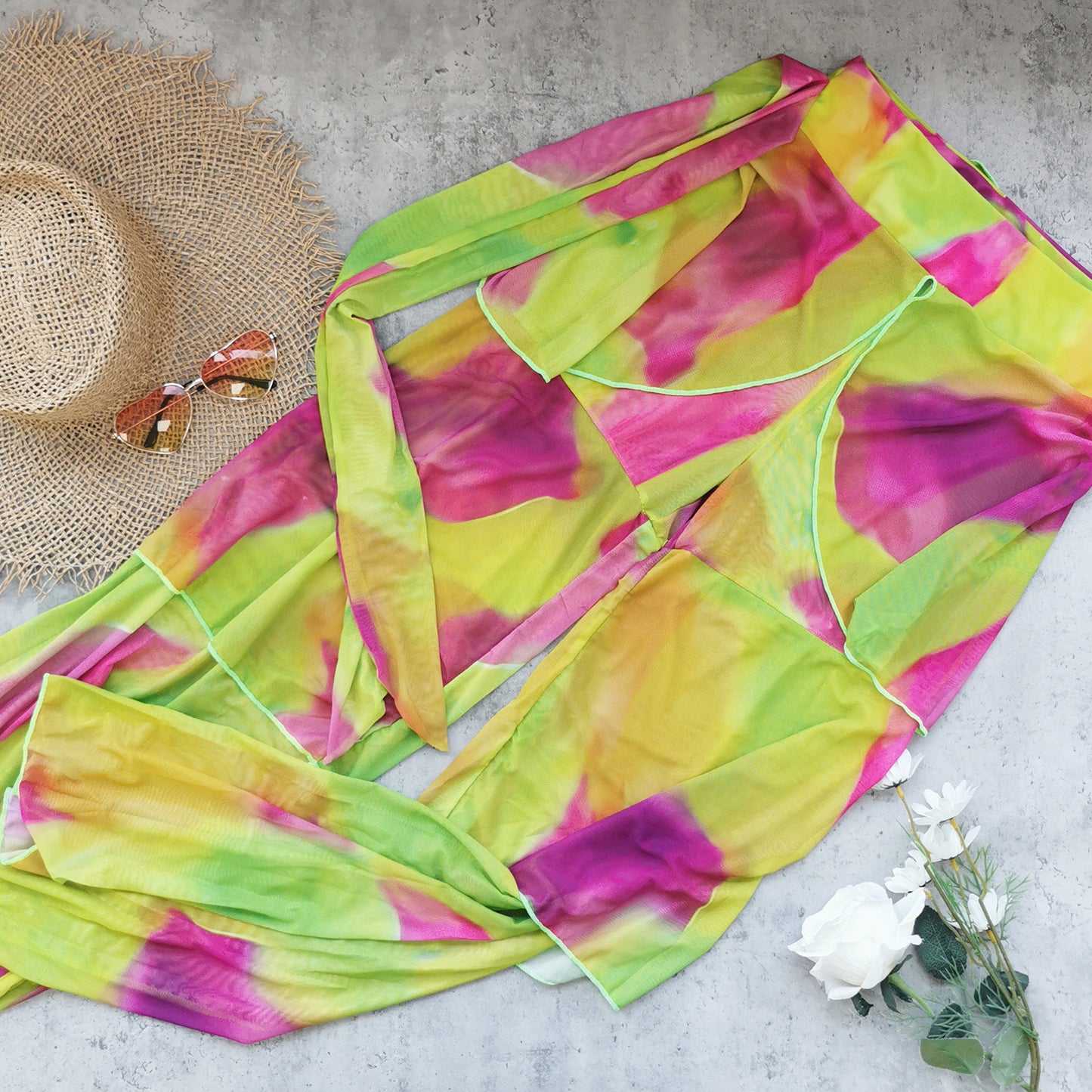 Women’s 3-Piece Boho Bikini Set – Halter Lace-Up Tube Top with Sheer Mesh Pants, Summer Swimsuit