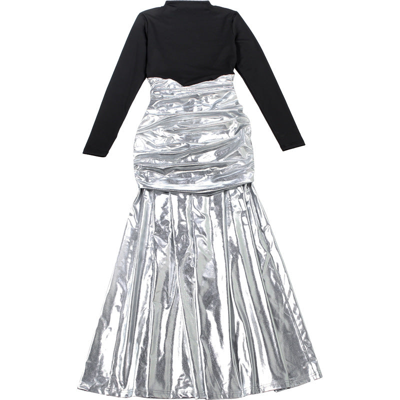 Women’s Color Block Maxi Dress – Mock Neck Ruched Waist Long Sleeve