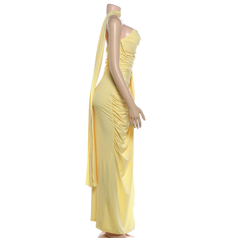 Women's Sexy Strapless Maxi Dress – Slim Fit Ruched Slit Formal Party Dress