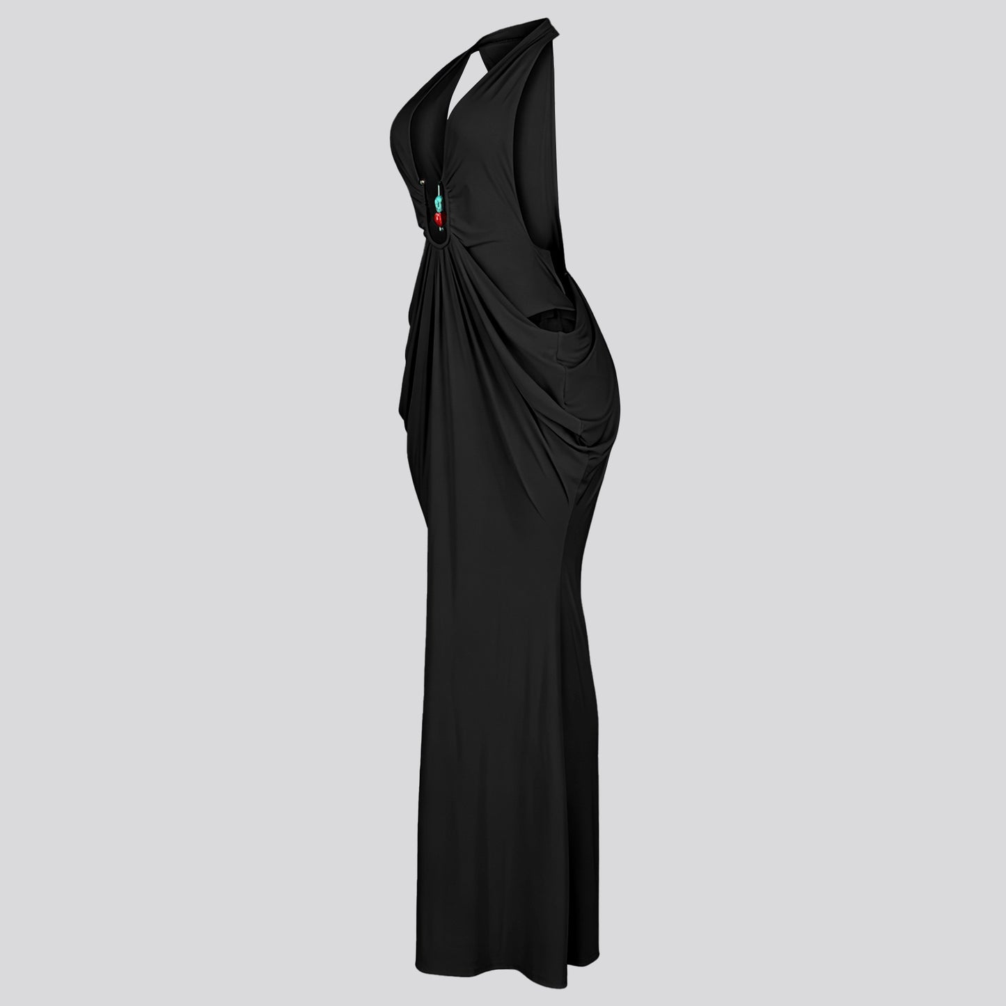 Women's Halter V-Neck Maxi Dress – Sexy Backless Lace-Up Ruched Bodycon Dress