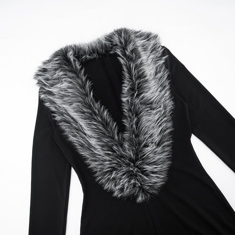 Fur Collar V-Neck Long Sleeve Romper – Elegant Tight-Fitting Autumn Winter Wear