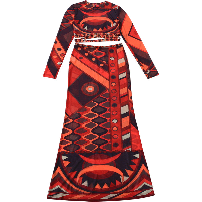 Women's Printed Two-Piece Skirt Set – Long Sleeve Crop Top & Maxi Skirt