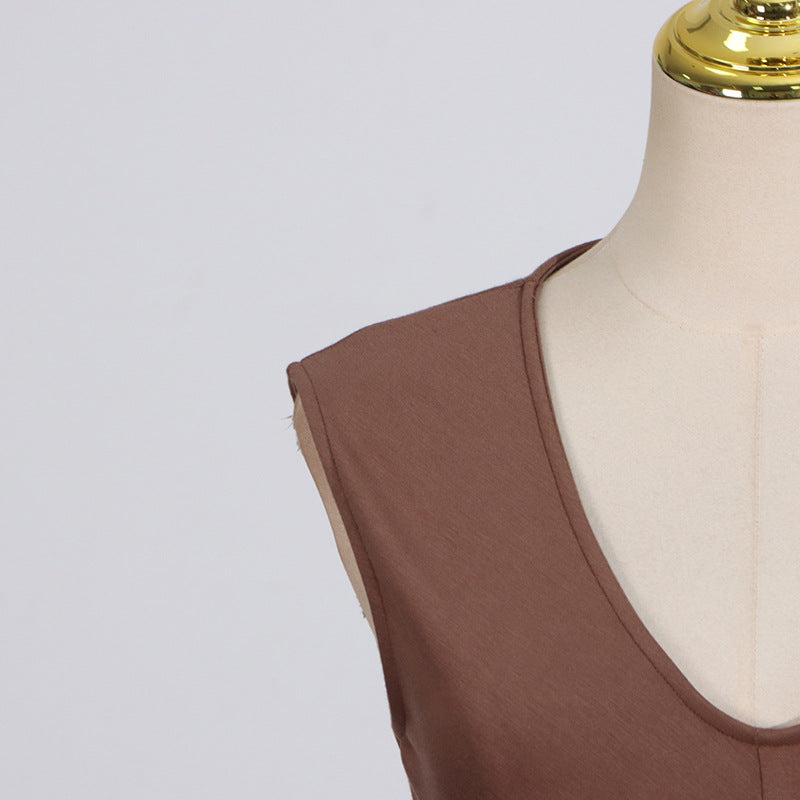 Brown Elegant Pleated V-Neck Maxi Dress