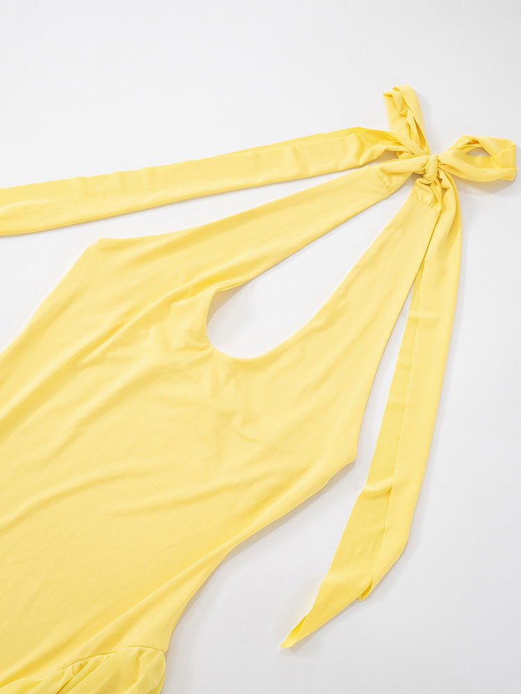 Backless Halter Maxi Dress: Sleeveless Ruffle Trim Lace-Up Detail