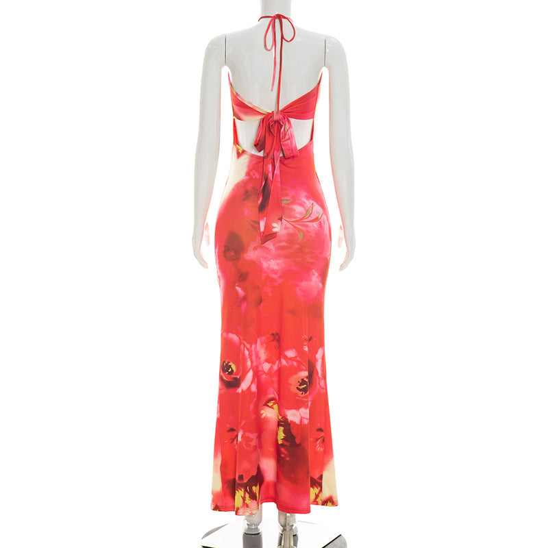 Red Floral Halter Maxi Dress - Backless Cutout Tie-Up Vacation Dress