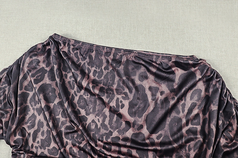 Women's Leopard Print Maxi Dress – Off-Shoulder Long Sleeve Backless Split Dress
