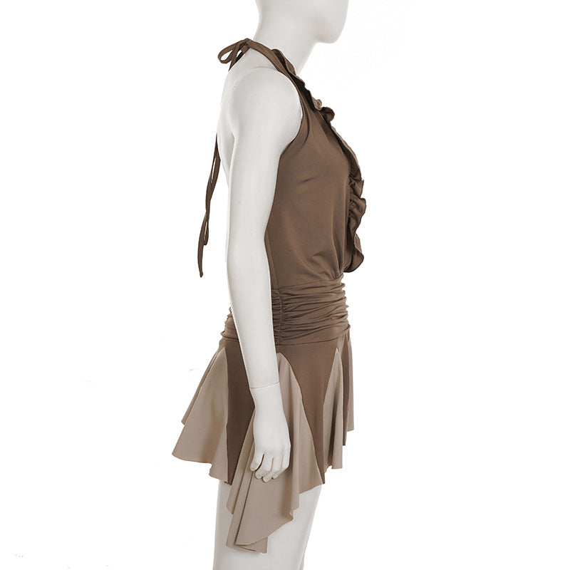 Brown Halter Ruffle Dress - Backless Asymmetric Pleated Mini Dress