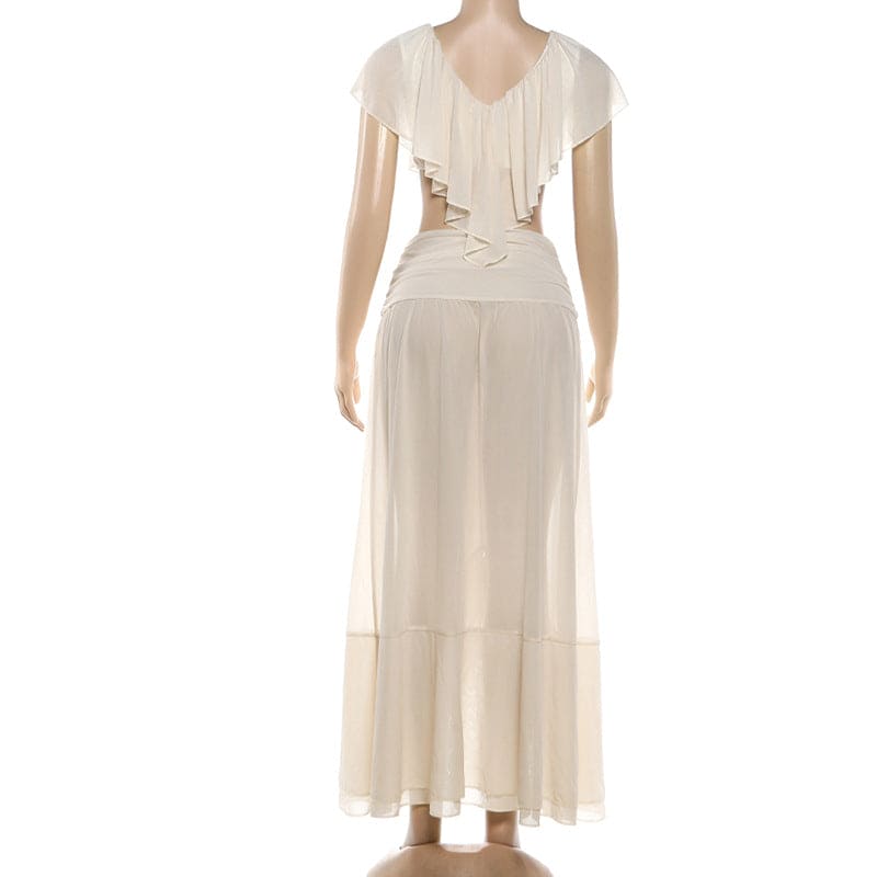 Apricot Chiffon Lace Collar Blouse & Midi Skirt Set - Ruched Ruffle V-Neck 2-Piece Set