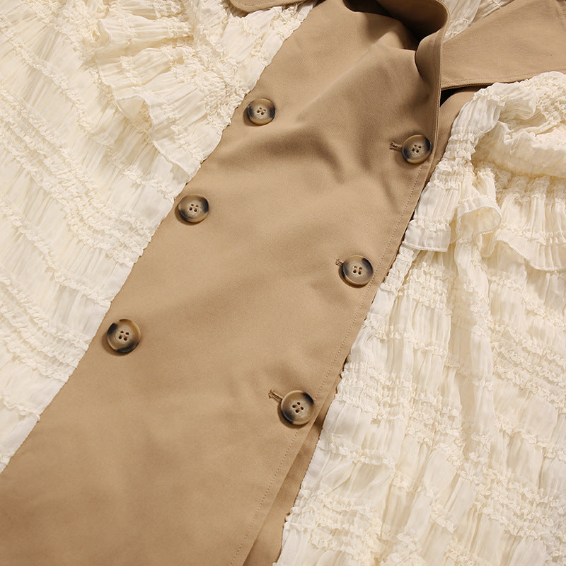 Women’s Lace Stitching Belted Trench Coat – Elegant Double-Breasted Long Coat