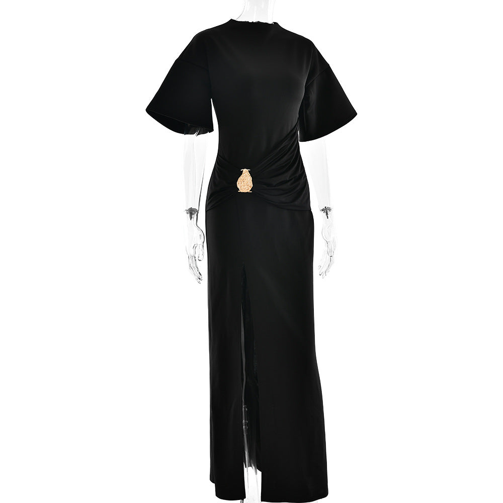 Pleated High Split Maxi Dress: Round Neck Bodycon Slim Fit for Women