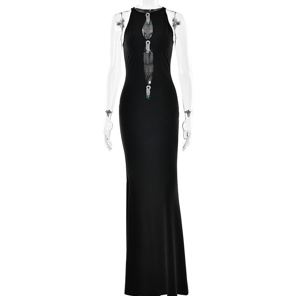 Elegant Cutout Rhinestone Fishtail Maxi Dress