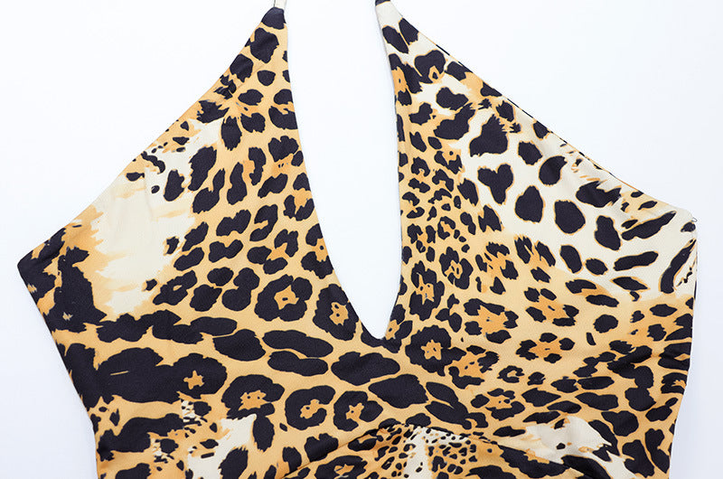 Women's Leopard Print Halter Backless Cutout Jumpsuit