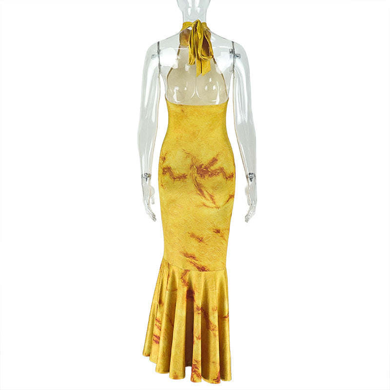 Yellow Backless Turtleneck Fishtail Dress: Slim Fit Sheath Maxi Gown
