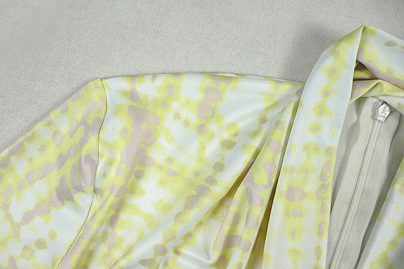 Women’s Yellow & White Printed Pleated Jumpsuit – Slim Fit V-Neck Long Sleeve, Full Length