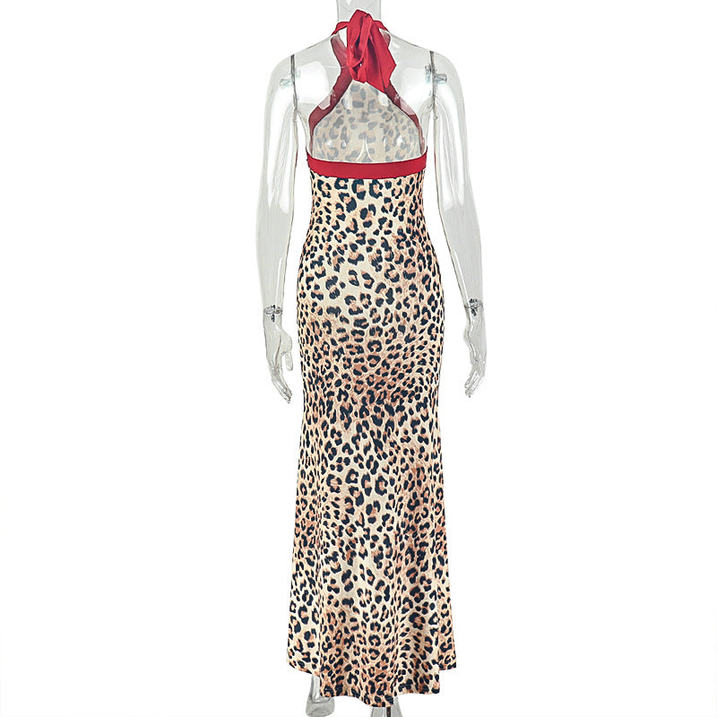 Leopard Print Halter Backless Maxi Dress | Slim Fit Bodycon Formal Dress | Animal Print