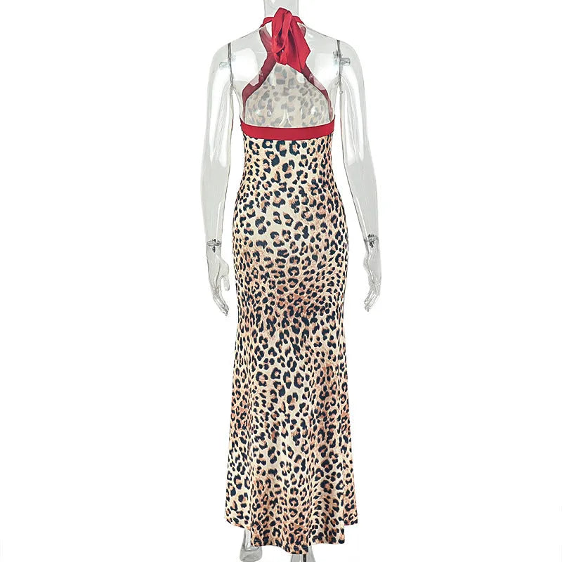 Leopard Print Halter Backless Maxi Dress | Slim Fit Bodycon Formal Dress | Animal Print