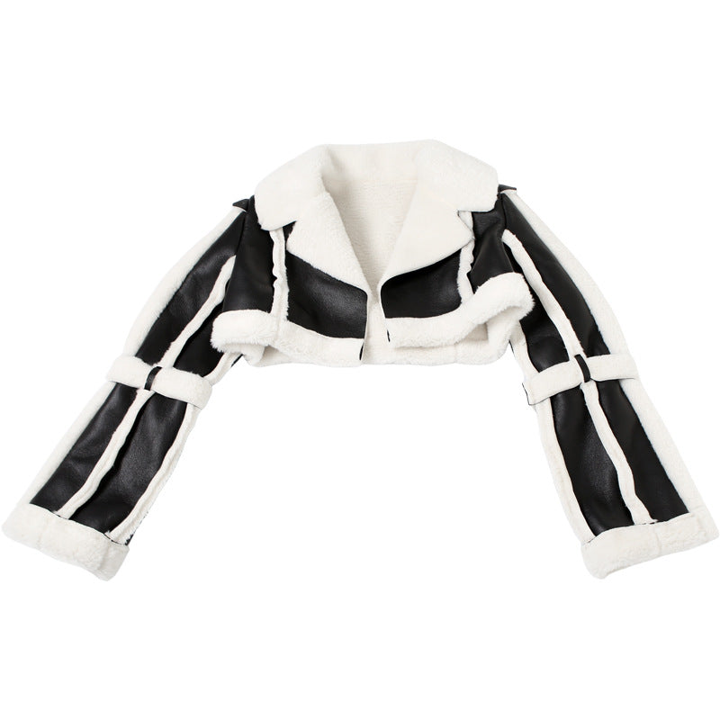 Faux Shearling Color Block Crop Jacket