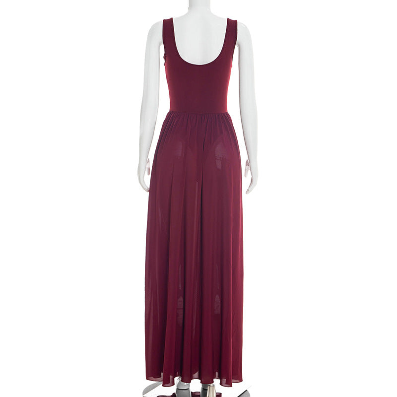 Wine Red Ruched Maxi Dress - Sleeveless Side Split A-Line Dress