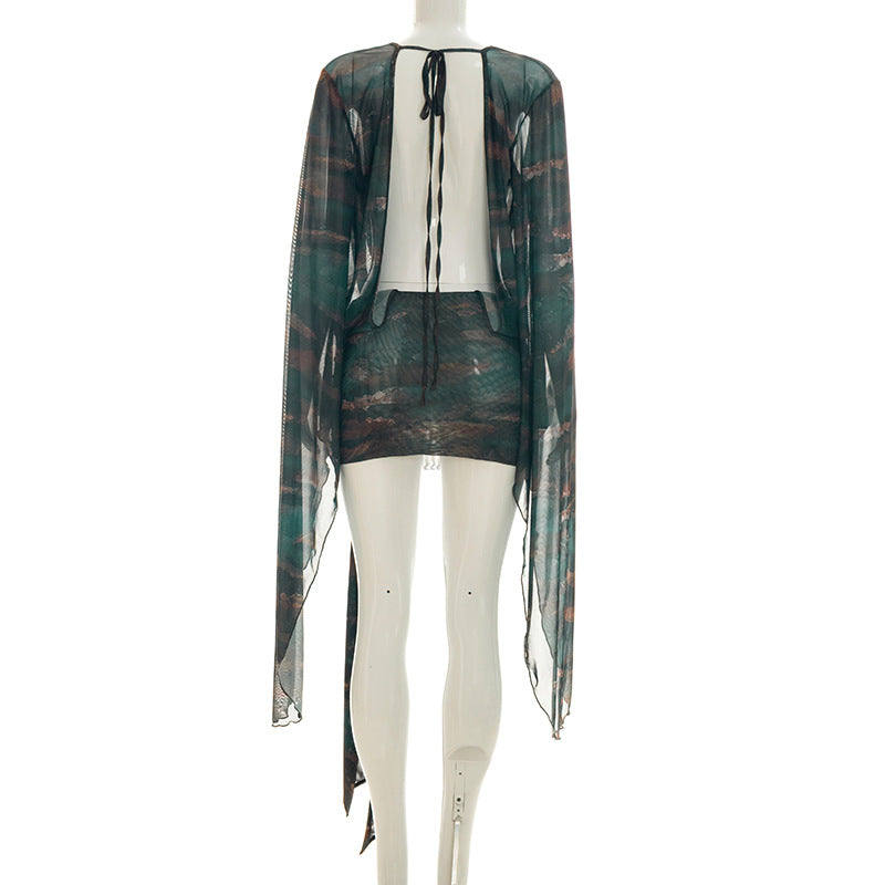 Deep V-Neck Printed Bodycon Mini Dress - Long Sleeve Backless Ruched Asymmetric Party Dress
