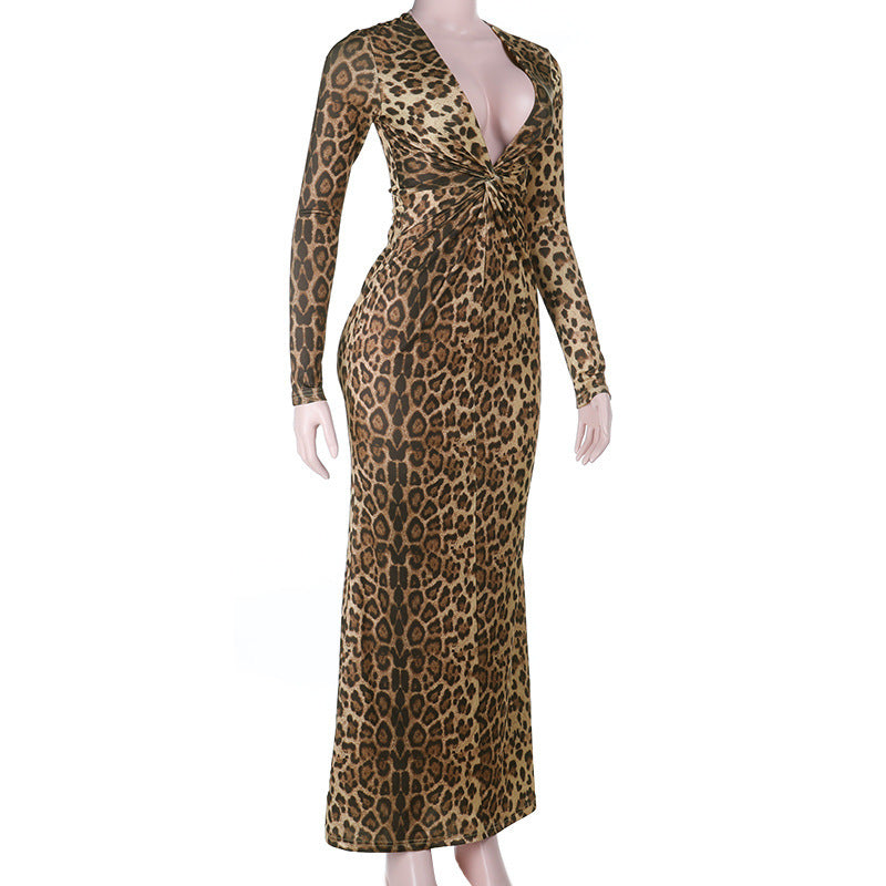 Leopard Print Maxi Dress: Long Sleeve Twist Front Bodycon Gown