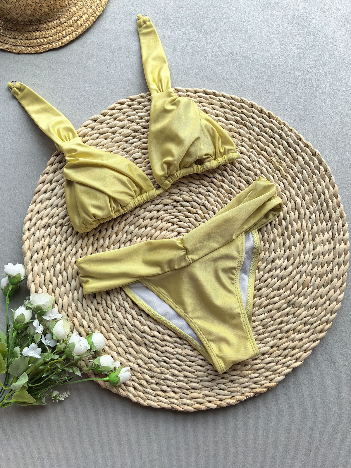 Solid Color Ruched Tie Bikini Set | Regular Strap Boho Swimsuit | 2 Colors | Sizes S-L