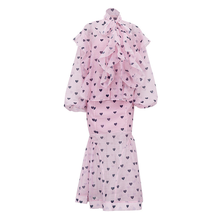 Women’s Three Piece Skirt Set – Elegant Heart Print Top and Maxi Skirt