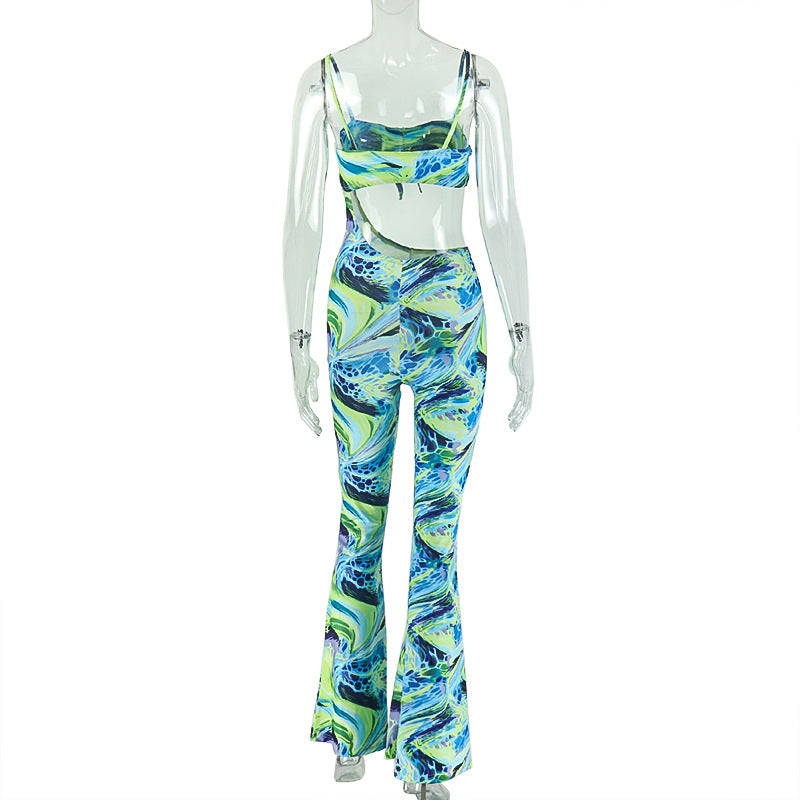 Green Floral Print Bandeau Jumpsuit - Backless Cutout Lace-Up Asymmetric Outfit