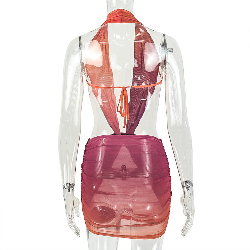 Halter Neck Ombre Ruched Backless Mini Dress | Sleeveless Bodycon Vacation Dress | Sizes S-L