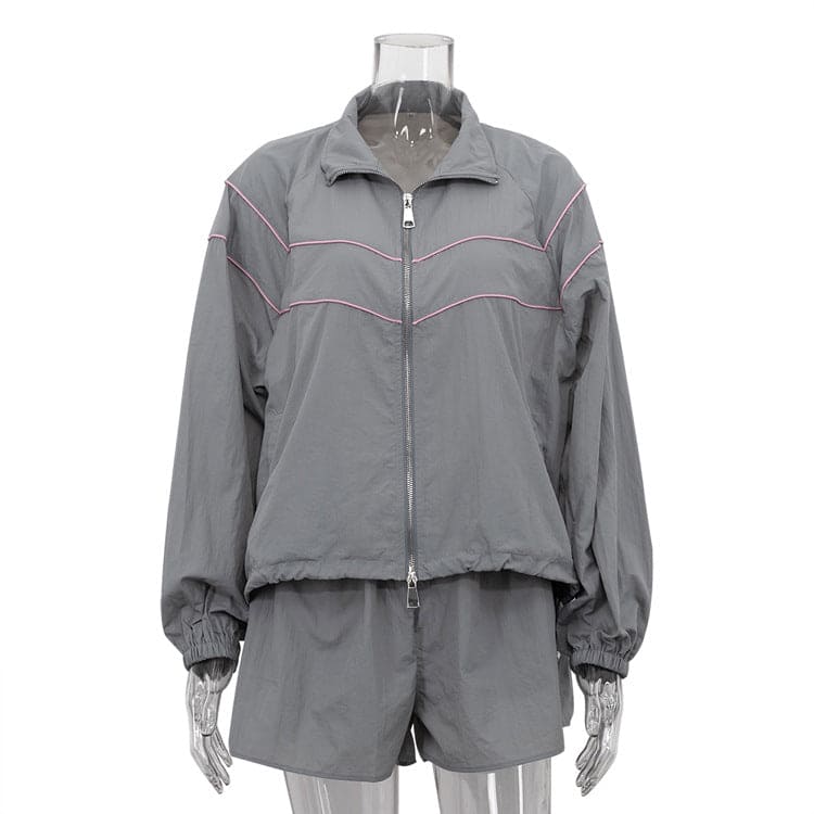 Gray Zip-Up Jacket & Shorts Set - Loose Fit Collared Athleisure 2-Piece Set