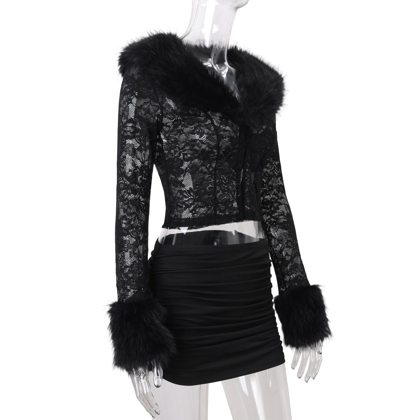 Women’s V-Neck Lace & Ruched Two-Piece Set – Slim Fit Long Sleeve Top & Mini Skirt