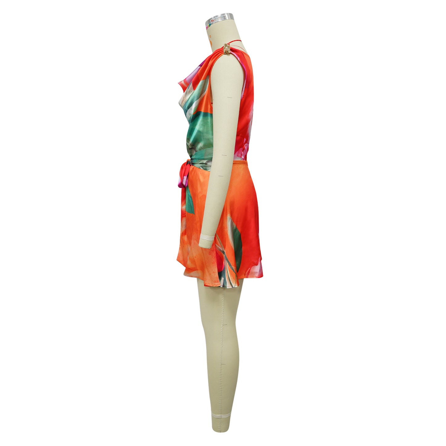 Women’s Elegant One-Shoulder Backless Jumpsuit – Asymmetric Printed Belted Sleeveless Romper