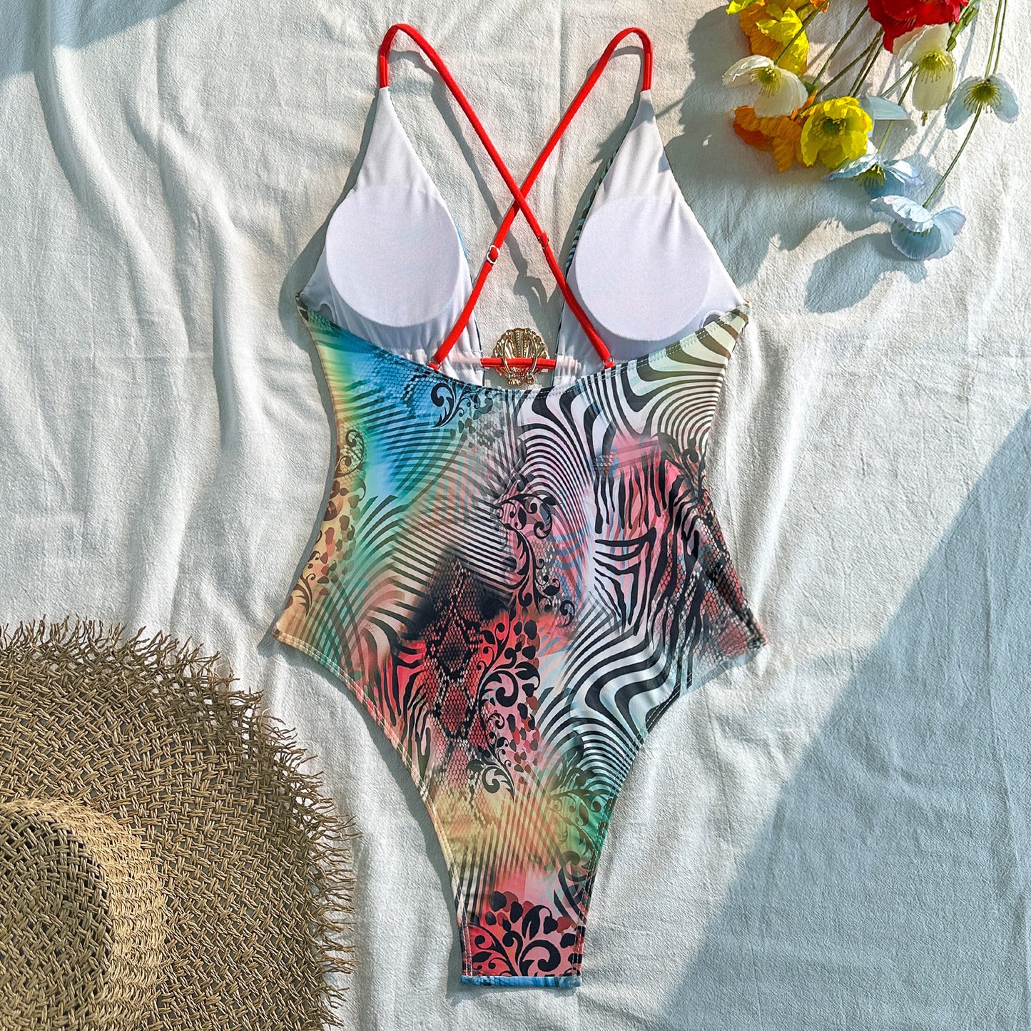 Boho Abstract Print One-Piece Swimsuit - Deep V Backless Cutout Swimwear