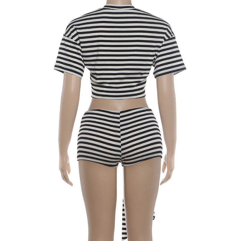 Summer Women Sexy Cropped T shirt Ribbon Shorts Striped Two Piece Sets