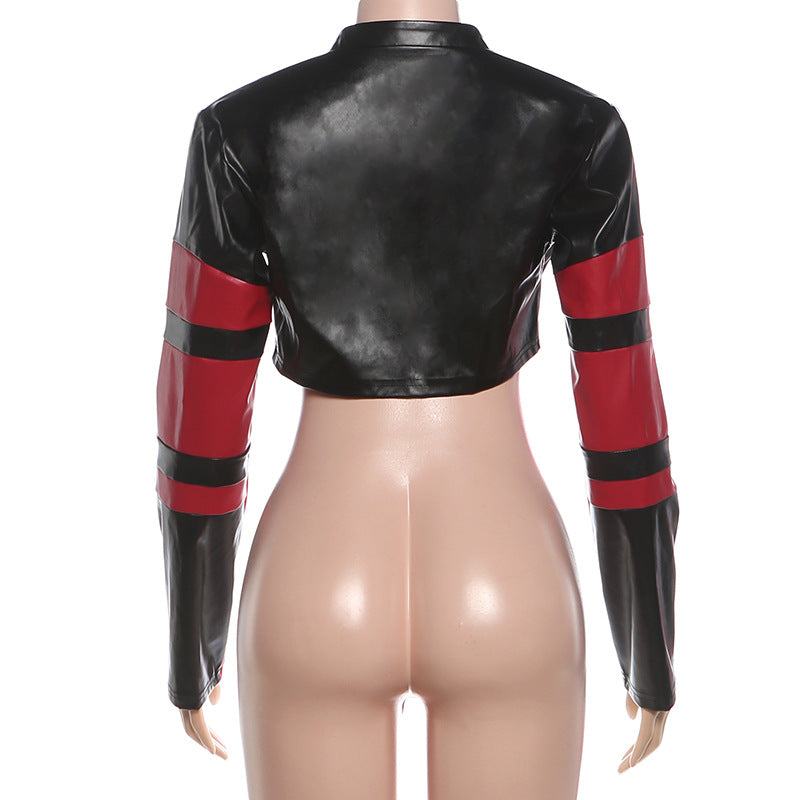Women’s Cropped Leather Jacket – Slim Fit Zipper Motorcycle Coat, Color Block